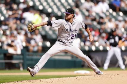 Sep 14, 2022; Chicago, Illinois, USA; Colorado Rockies starting pitcher Kyle Freeland (21) delivers against the Chicago White Sox during the first inning at Guaranteed Rate Field. Mandatory Credit: Kamil Krzaczynski-USA TODAY Sports