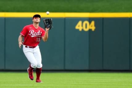 Cincinnati Reds center fielder Nick Senzel (15) catches a fly ball in the seventh inning of a baseball game, Wednesday, Sept. 14, 2022, at Great American Ball Park in Cincinnati.

Mlb Pittsburgh Pirates At Cincinnati Reds Sept 14 7826