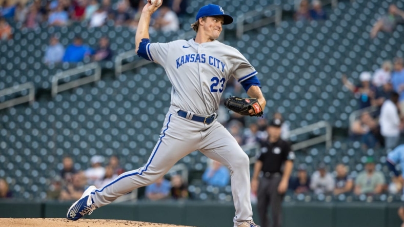 Sep 14, 2022; Minneapolis, Minnesota, USA; Kansas City Royals starting pitcher Zack Greinke (23) delivers a pitch during the first inning against the Minnesota Twins at Target Field. Mandatory Credit: Jordan Johnson-USA TODAY Sports