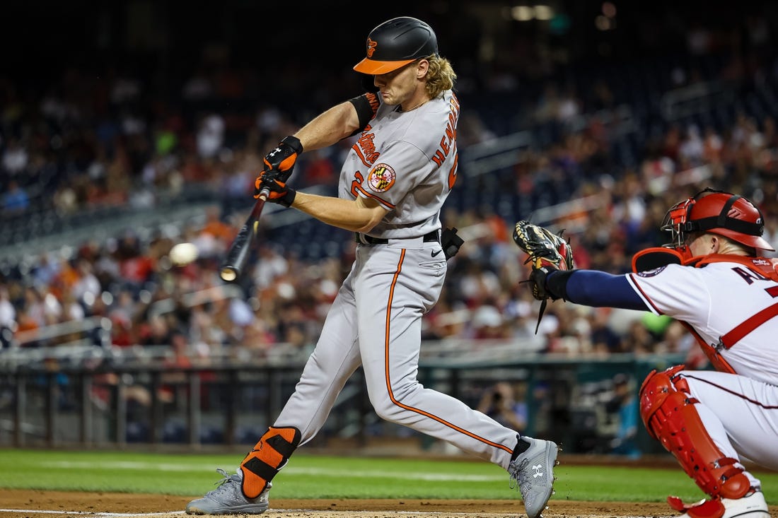 Sep 14, 2022; Washington, District of Columbia, USA; Baltimore Orioles third baseman Gunnar Henderson (2) hits an RBI against the Washington Nationals during the second inning at Nationals Park. Mandatory Credit: Scott Taetsch-USA TODAY Sports