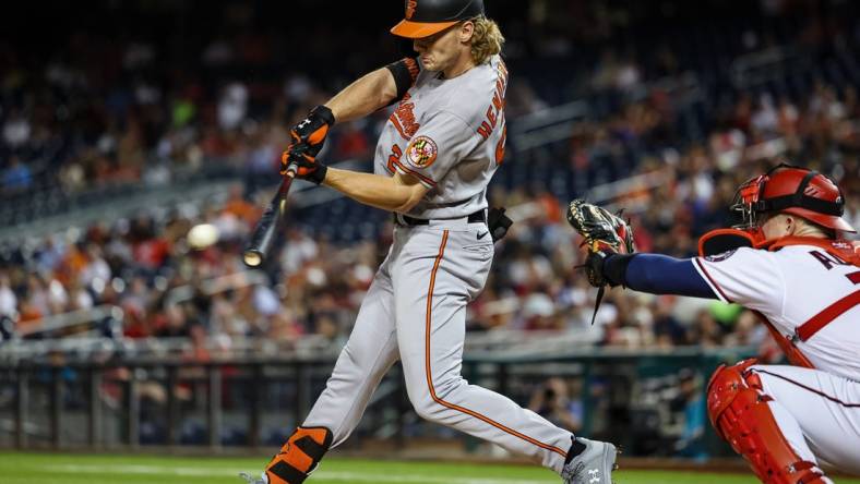 Sep 14, 2022; Washington, District of Columbia, USA; Baltimore Orioles third baseman Gunnar Henderson (2) hits an RBI against the Washington Nationals during the second inning at Nationals Park. Mandatory Credit: Scott Taetsch-USA TODAY Sports