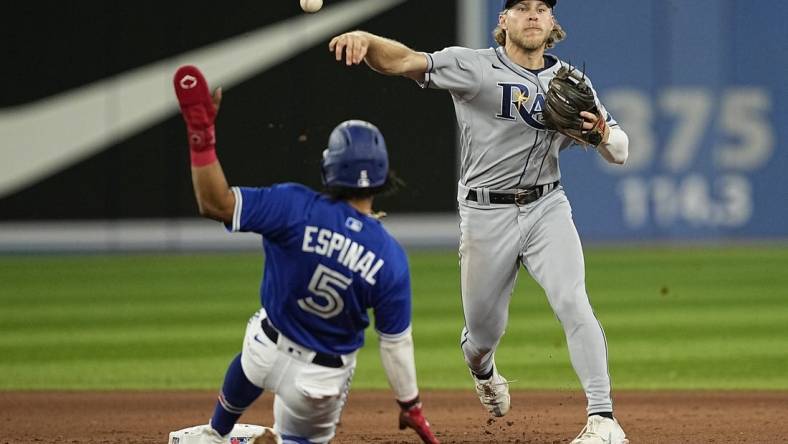 Sep 14, 2022; Toronto, Ontario, CAN; Tampa Bay Rays shortstop Taylor Walls (0) turns a double play on Toronto Blue Jays second baseman Santiago Espinal (5) and Toronto Blue Jays right fielder Jackie Bradley (not pictured) during the fourth inning at Rogers Centre. Mandatory Credit: John E. Sokolowski-USA TODAY Sports