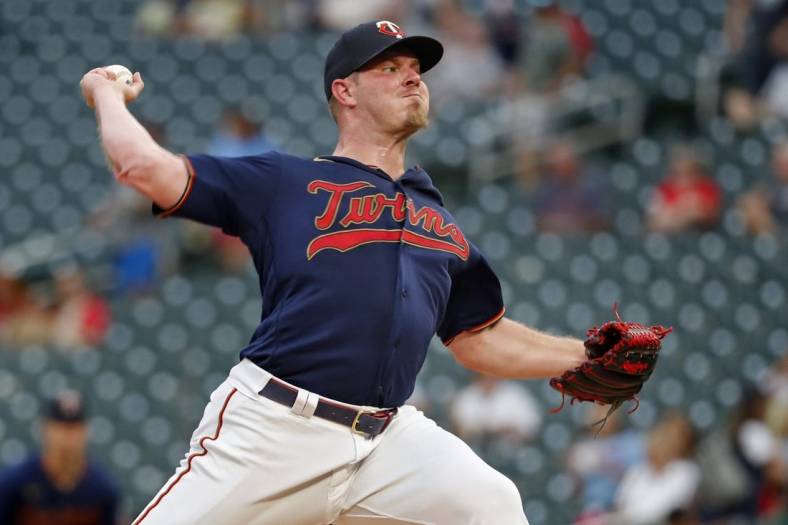 Sep 15, 2022; Minneapolis, Minnesota, USA; Minnesota Twins starting pitcher Dylan Bundy (37) throws to the Kansas City Royals in the first inning at Target Field. Mandatory Credit: Bruce Kluckhohn-USA TODAY Sports