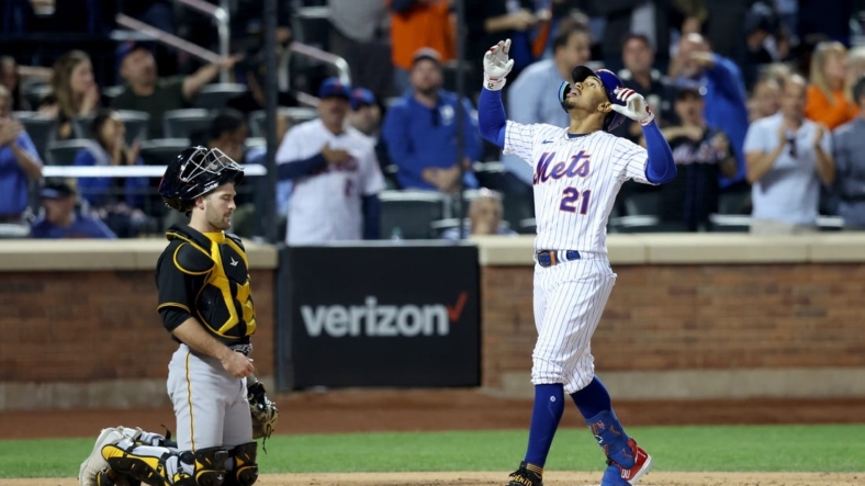 Sep 15, 2022; New York City, New York, USA; New York Mets shortstop Francisco Lindor reacts as he steps on home plate after hitting a two run home run against the Pittsburgh Pirates during the third inning at Citi Field. Mandatory Credit: Brad Penner-USA TODAY Sports