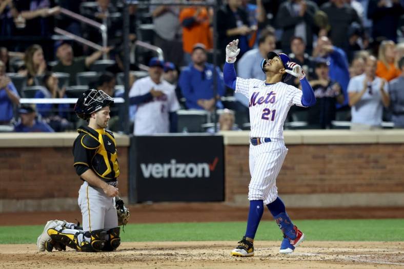 Sep 15, 2022; New York City, New York, USA; New York Mets shortstop Francisco Lindor reacts as he steps on home plate after hitting a two run home run against the Pittsburgh Pirates during the third inning at Citi Field. Mandatory Credit: Brad Penner-USA TODAY Sports