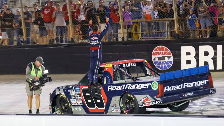 Sep 15, 2022; Bristol, Tennessee, USA; NASCAR Gander RV and Outdoors Truck Series driver Ty Majeski (66) celebrates after winning the 25th Annual UNOH 200 at Bristol Motor Speedway. Mandatory Credit: Randy Sartin-USA TODAY Sports