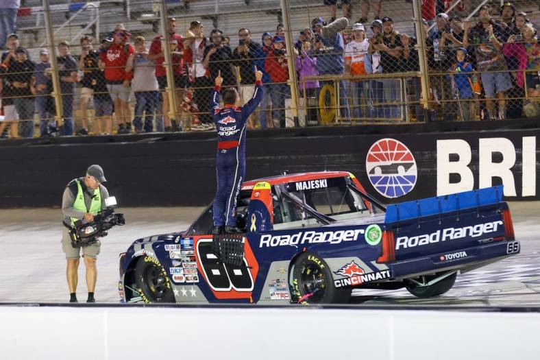 Sep 15, 2022; Bristol, Tennessee, USA; NASCAR Gander RV and Outdoors Truck Series driver Ty Majeski (66) celebrates after winning the 25th Annual UNOH 200 at Bristol Motor Speedway. Mandatory Credit: Randy Sartin-USA TODAY Sports