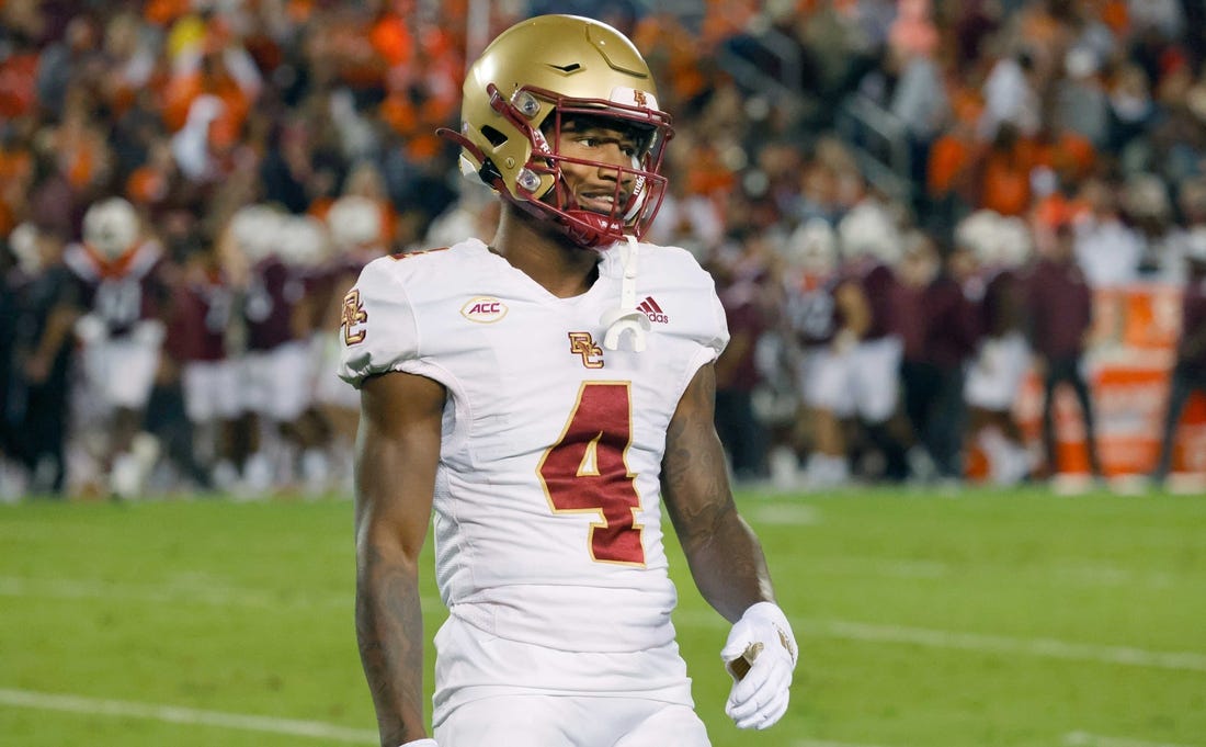 Sep 10, 2022; Blacksburg, Virginia, USA;  Boston College Eagles wide receiver Zay Flowers (4) walks on the field during the second quarter against the Virginia Tech Hokies at Lane Stadium. Mandatory Credit: Reinhold Matay-USA TODAY Sports