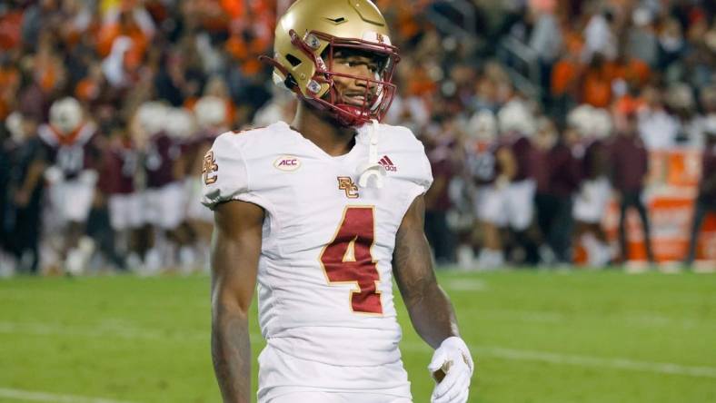 Sep 10, 2022; Blacksburg, Virginia, USA;  Boston College Eagles wide receiver Zay Flowers (4) walks on the field during the second quarter against the Virginia Tech Hokies at Lane Stadium. Mandatory Credit: Reinhold Matay-USA TODAY Sports