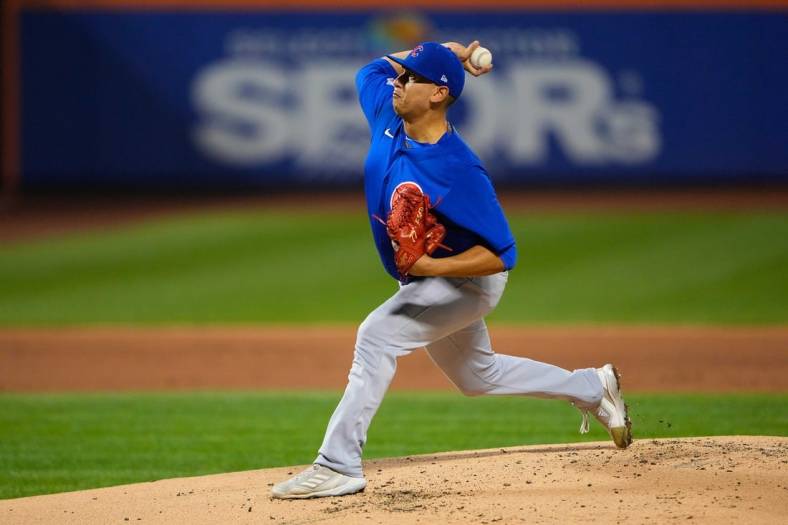 Sep 12, 2022; New York City, New York, USA; Chicago Cubs pitcher Javier Assad (72) delivers a pitch against the New York Metsduring the first inning at Citi Field. Mandatory Credit: Gregory Fisher-USA TODAY Sports