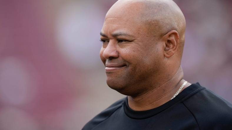 Sep 10, 2022; Stanford, California, USA;  Stanford Cardinal head coach David Shaw smiles before the start of the first quarter against the USC Trojans at Stanford Stadium. Mandatory Credit: Stan Szeto-USA TODAY Sports