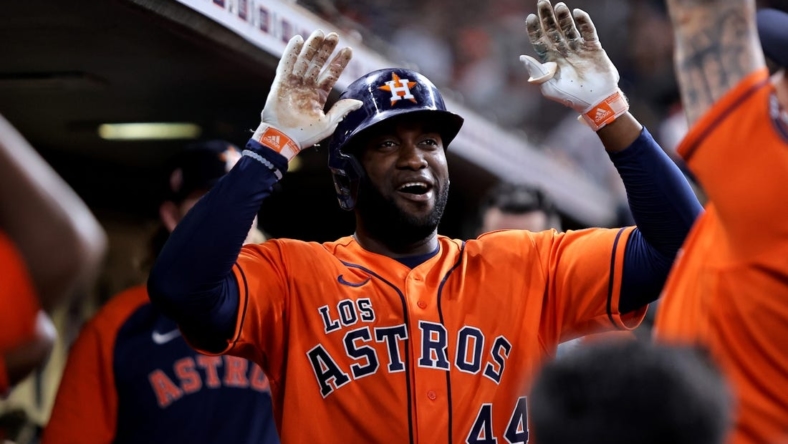 Sep 16, 2022; Houston, Texas, USA; Houston Astros left fielder Yordan Alvarez (44) is greeted after hitting a home run to center field against the Oakland Athletics during the third inning at Minute Maid Park. Mandatory Credit: Erik Williams-USA TODAY Sports
