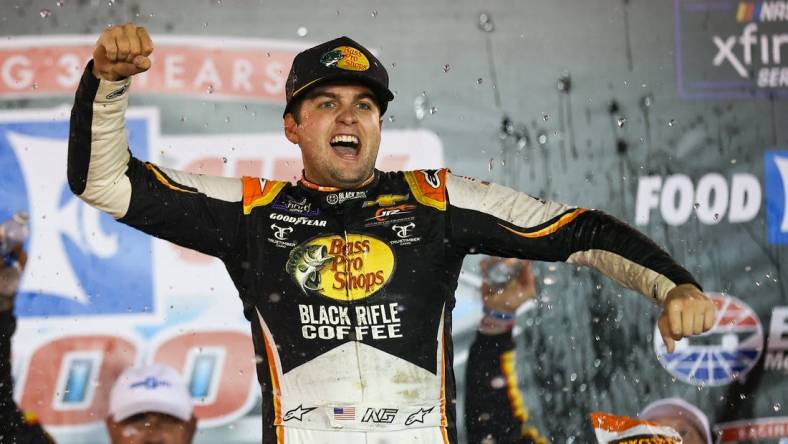 Sep 16, 2022; Bristol, Tennessee, USA; NASCAR Xfinity Series driver Noah Gragson (9) celebrates winning the Food City 300 at Bristol Motor Speedway. Mandatory Credit: Randy Sartin-USA TODAY Sports