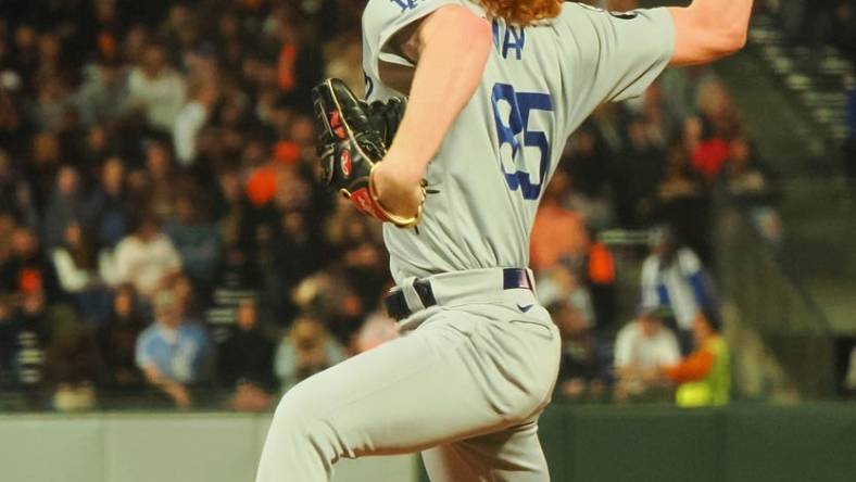 Sep 16, 2022; San Francisco, California, USA; Los Angeles Dodgers starting pitcher Dustin May (85) pitches the ball against the San Francisco Giants during the first inning at Oracle Park. Mandatory Credit: Kelley L Cox-USA TODAY Sports