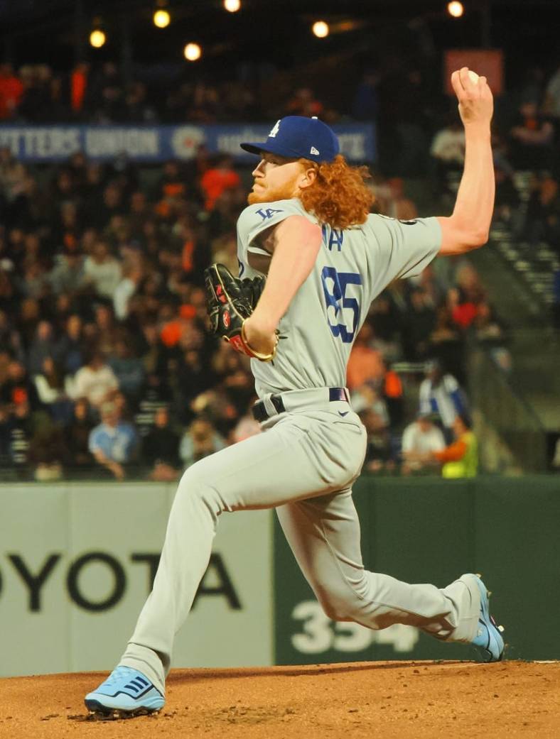 Sep 16, 2022; San Francisco, California, USA; Los Angeles Dodgers starting pitcher Dustin May (85) pitches the ball against the San Francisco Giants during the first inning at Oracle Park. Mandatory Credit: Kelley L Cox-USA TODAY Sports