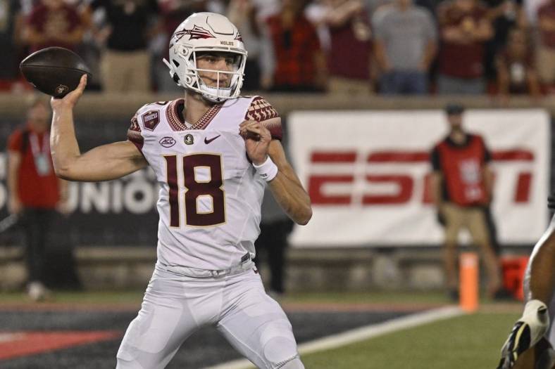 Sep 16, 2022; Louisville, Kentucky, USA;  Florida State Seminoles quarterback Tate Rodemaker (18) throws against the Louisville Cardinals during the second half at Cardinal Stadium. Florida State defeated Louisville 35-31. Mandatory Credit: Jamie Rhodes-USA TODAY Sports