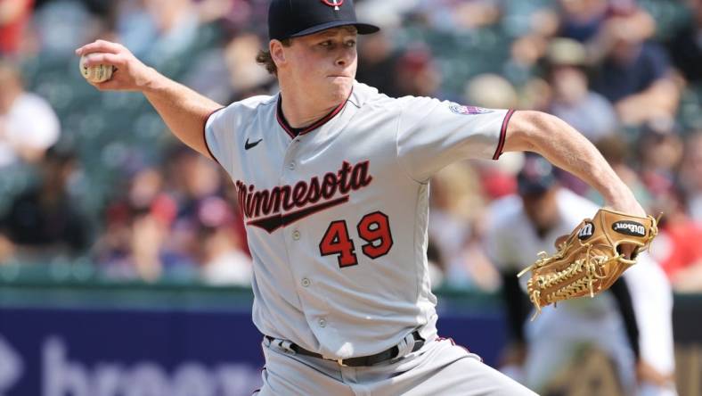 Sep 17, 2022; Cleveland, Ohio, USA; Minnesota Twins starting pitcher Louie Varland (49) throws a pitch during the first inning against the Cleveland Guardians at Progressive Field. Mandatory Credit: Ken Blaze-USA TODAY Sports