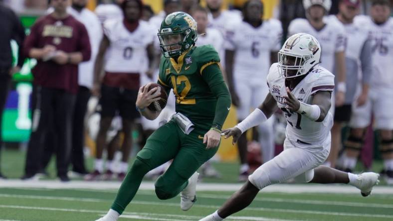 Sep 17, 2022; Waco, Texas, USA;  Baylor Bears quarterback Blake Shapen (12) is chased by Texas State Bobcats linebacker London Harris (27) during the first half at McLane Stadium. Mandatory Credit: Chris Jones-USA TODAY Sports