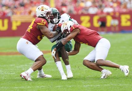 Iowa State Cyclones linebacker O'Rien Vance (34) and  defensive back Anthony Johnson Jr. (1) takes down Ohio Bobcats running back Sieh Bangura (22) during the first quarter at Jack Trice Stadium Saturday, Sept. 17, 2022, in Ames, Iowa.