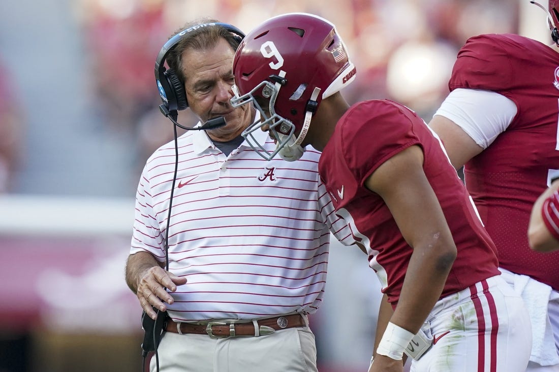 Sep 17, 2022; Tuscaloosa, Alabama, USA; Alabama Crimson Tide head coach Nick Saban talks to quarterback Bryce Young (9) during the second half against the UL Monroe Warhawks at Bryant-Denny Stadium. Mandatory Credit: Marvin Gentry-USA TODAY Sports