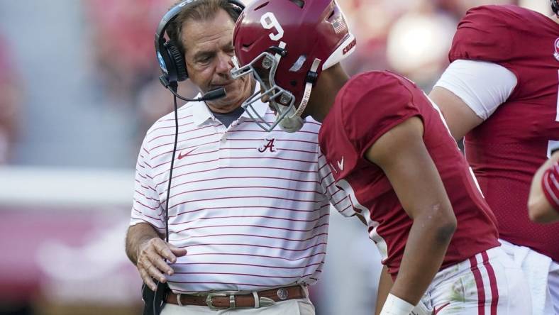 Sep 17, 2022; Tuscaloosa, Alabama, USA; Alabama Crimson Tide head coach Nick Saban talks to quarterback Bryce Young (9) during the second half against the UL Monroe Warhawks at Bryant-Denny Stadium. Mandatory Credit: Marvin Gentry-USA TODAY Sports