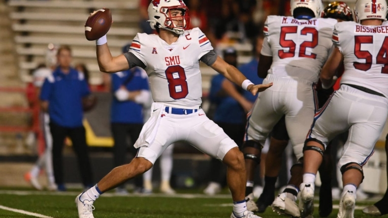 Sep 17, 2022; College Park, Maryland, USA;  Southern Methodist Mustangs quarterback Tanner Mordecai (8) throws during the first quarter against the Maryland Terrapins at Capital One Field at Maryland Stadium. Mandatory Credit: Tommy Gilligan-USA TODAY Sports
