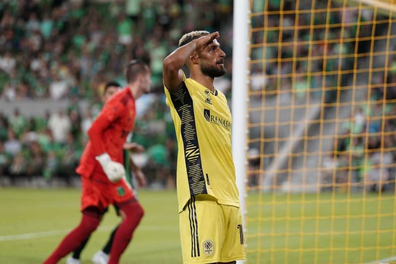 Sep 17, 2022; Austin, Texas, USA; Nashville SC midfielder Hany Mukhtar (10) reacts after scoring on a penalty kick during the second half against Austin FC at Q2 Stadium. Mandatory Credit: Scott Wachter-USA TODAY Sports