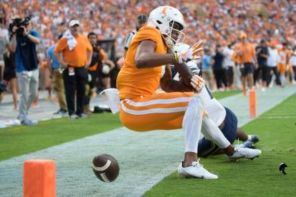 Tennessee wide receiver Cedric Tillman (4) loses a pass in the end zone during a game between Tennessee and Akron at Neyland Stadium in Knoxville, Tenn. on Saturday, Sept. 17, 2022.

Kns Utvakron0917