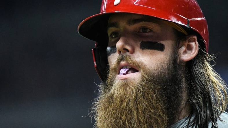 Sep 17, 2022; Cumberland, Georgia, USA; Philadelphia Phillies center fielder Brandon Marsh (16) reacts after striking out against the Atlanta Braves in the sixth inning at Truist Park. Mandatory Credit: Larry Robinson-USA TODAY Sports