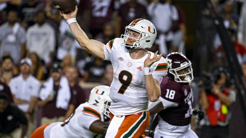 Sep 17, 2022; College Station, Texas, USA; Miami Hurricanes quarterback Tyler Van Dyke (9) passes against the Texas A&M Aggies during the second half at Kyle Field. Mandatory Credit: Jerome Miron-USA TODAY Sports