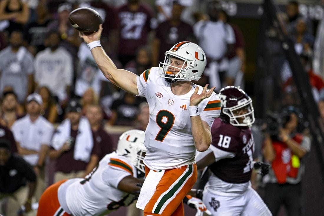 Sep 17, 2022; College Station, Texas, USA; Miami Hurricanes quarterback Tyler Van Dyke (9) passes against the Texas A&M Aggies during the second half at Kyle Field. Mandatory Credit: Jerome Miron-USA TODAY Sports