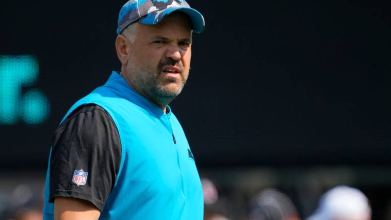 Sep 18, 2022; East Rutherford, NJ, USA; Carolina Panthers head coach Matt Rhule looks on before the game against the New York Giants at MetLife Stadium. Mandatory Credit: Robert Deutsch-USA TODAY Sports