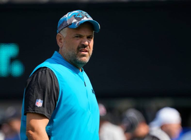 Sep 18, 2022; East Rutherford, NJ, USA; Carolina Panthers head coach Matt Rhule looks on before the game against the New York Giants at MetLife Stadium. Mandatory Credit: Robert Deutsch-USA TODAY Sports