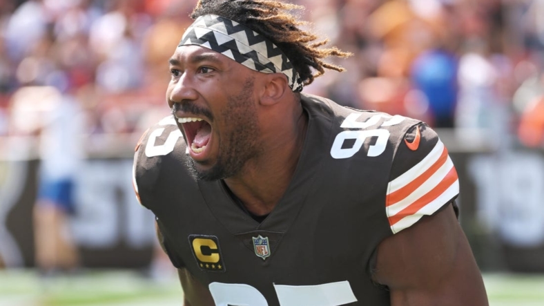 Sep 18, 2022; Cleveland, Ohio, USA; Cleveland Browns defensive end Myles Garrett (95) enters the field before the game between the Browns and the New York Jets at FirstEnergy Stadium. Mandatory Credit: Ken Blaze-USA TODAY Sports