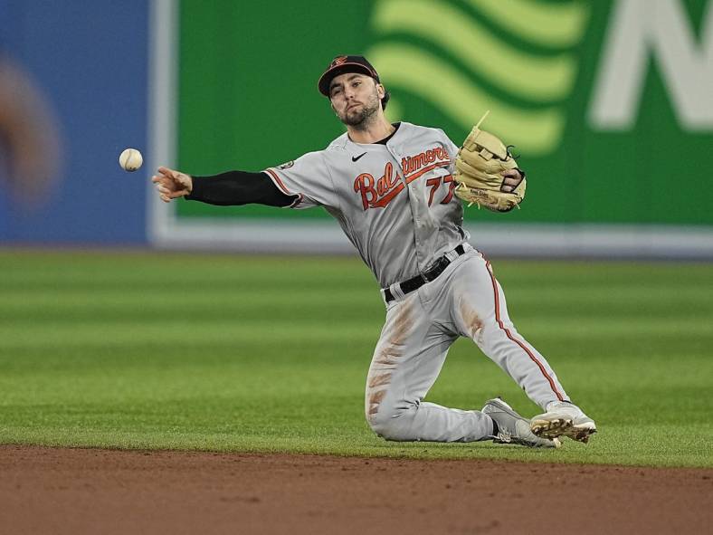 Sep 18, 2022; Toronto, Ontario, CAN; Baltimore Orioles second baseman Terrin Vavra (77) throws to first but can t get out Toronto Blue Jays center fielder Raimel Tapia (not pictured) during the second inning at Rogers Centre. Mandatory Credit: John E. Sokolowski-USA TODAY Sports