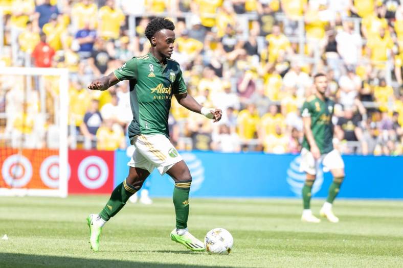 Sep 18, 2022; Columbus, Ohio, USA; Portland Timbers midfielder Santiago Moreno (30) dribbles the ball in the second half against the Columbus Crew at Lower.com Field. Mandatory Credit: Trevor Ruszkowski-USA TODAY Sports