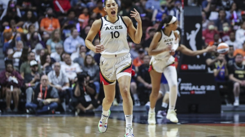 Sep 18, 2022; Uncasville, Connecticut, USA; Las Vegas Aces guard Kelsey Plum (10) celebrates after making a three point shot in the first half during game four of the 2022 WNBA Finals against the Connecticut Sun at Mohegan Sun Arena. Mandatory Credit: Wendell Cruz-USA TODAY Sports