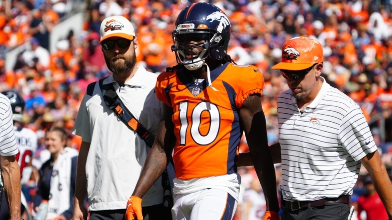 Sep 18, 2022; Denver, Colorado, USA; Denver Broncos wide receiver Jerry Jeudy (10) leaves the field in the first quarter against the Denver Broncos at Empower Field at Mile High. Mandatory Credit: Ron Chenoy-USA TODAY Sports