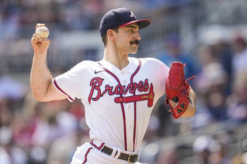 Sep 18, 2022; Cumberland, Georgia, USA; Atlanta Braves starting pitcher Spencer Strider (65) pitches against the Philadelphia Phillies during the sixth inning at Truist Park. Mandatory Credit: Dale Zanine-USA TODAY Sports