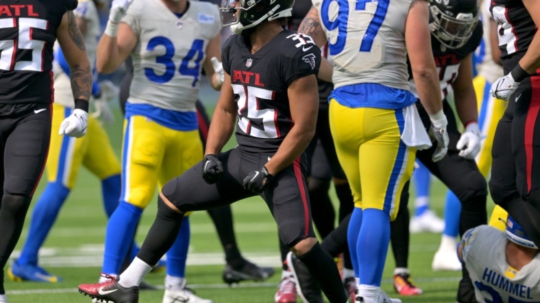 Sep 18, 2022; Inglewood, California, USA; Atlanta Falcons running back Tyler Allgeier (25) celebrates after a play in the second half against the Los Angeles Rams at SoFi Stadium. Mandatory Credit: Jayne Kamin-Oncea-USA TODAY Sports