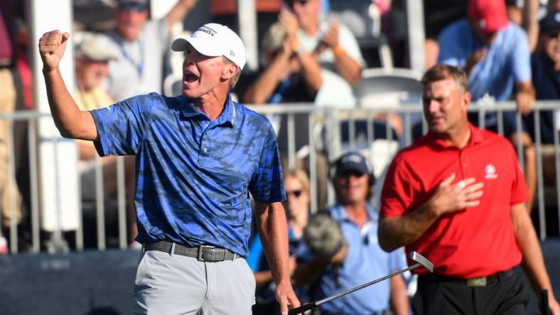 Steve Stricker pumps his fist as he sinks a putt during a sudden death tiebreaker against Robert Karlsson to win the Sanford International on Sunday, September 18, 2022, at the Minnehaha Country Club in Sioux Falls.

Sanford Intl Final Day 001