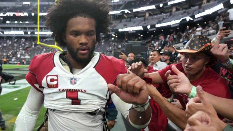 Sep 18, 2022; Paradise, Nevada, USA; Arizona Cardinals quarterback Kyler Murray (1) greets fans after the game against the Las Vegas Raiders at Allegiant Stadium. Mandatory Credit: Kirby Lee-USA TODAY Sports