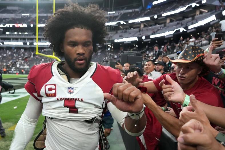 Sep 18, 2022; Paradise, Nevada, USA; Arizona Cardinals quarterback Kyler Murray (1) greets fans after the game against the Las Vegas Raiders at Allegiant Stadium. Mandatory Credit: Kirby Lee-USA TODAY Sports