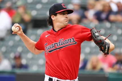 Sep 19, 2022; Cleveland, Ohio, USA; Cleveland Guardians starting pitcher Cal Quantrill (47) throws a pitch during the first inning against the Minnesota Twins at Progressive Field. Mandatory Credit: Ken Blaze-USA TODAY Sports