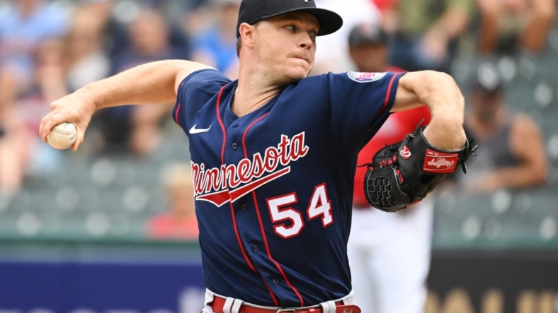 Sep 19, 2022; Cleveland, Ohio, USA; Minnesota Twins starting pitcher Sonny Gray (54) throws a pitch during the first inning against the Cleveland Guardians at Progressive Field. Mandatory Credit: Ken Blaze-USA TODAY Sports