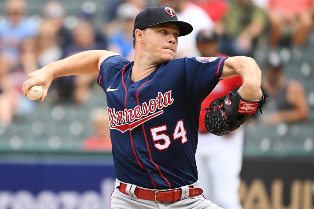 Sep 19, 2022; Cleveland, Ohio, USA; Minnesota Twins starting pitcher Sonny Gray (54) throws a pitch during the first inning against the Cleveland Guardians at Progressive Field. Mandatory Credit: Ken Blaze-USA TODAY Sports