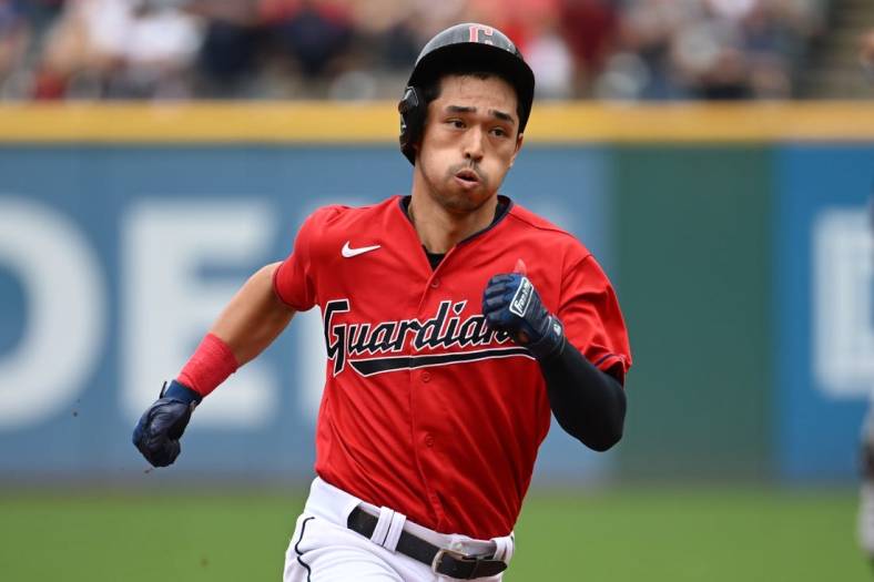 Sep 19, 2022; Cleveland, Ohio, USA; Cleveland Guardians left fielder Steven Kwan (38) rounds the bases during an RBI triple in the second inning against the Minnesota Twins at Progressive Field. Mandatory Credit: Ken Blaze-USA TODAY Sports