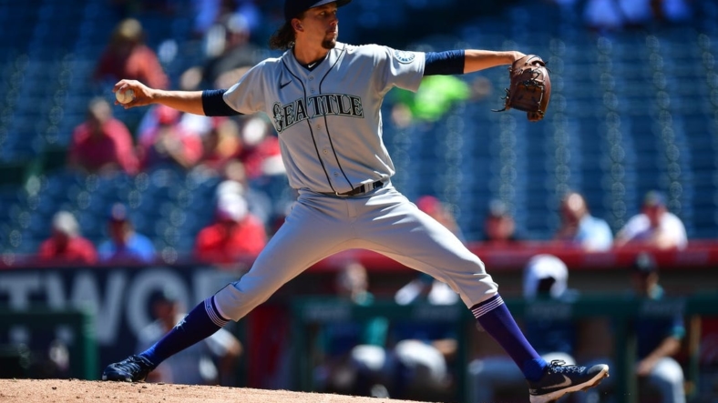 Sep 19, 2022; Anaheim, California, USA; Seattle Mariners starting pitcher Logan Gilbert (36) throws against the Los Angeles Angels during the first inning at Angel Stadium. Mandatory Credit: Gary A. Vasquez-USA TODAY Sports