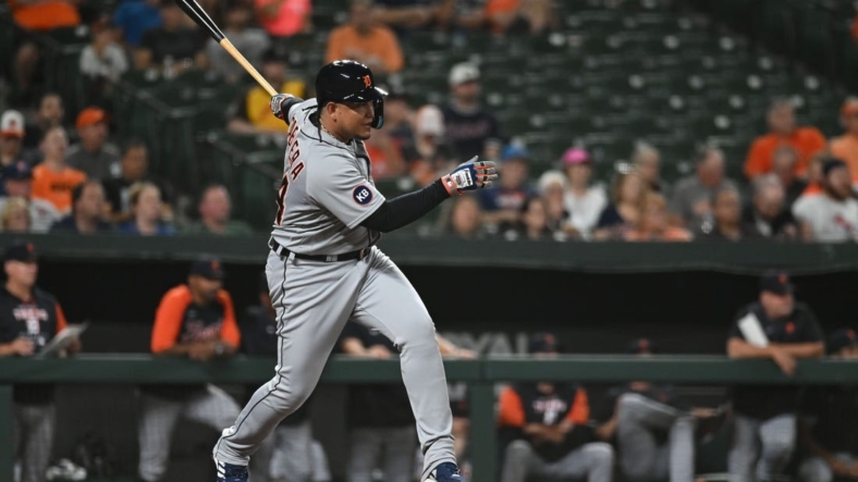 Sep 19, 2022; Baltimore, Maryland, USA; Detroit Tigers designated hitter Miguel Cabrera (24) swings through a fourth inning single against the Baltimore Orioles  at Oriole Park at Camden Yards. Mandatory Credit: Tommy Gilligan-USA TODAY Sports