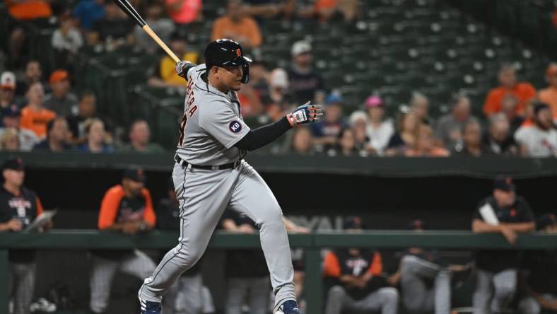 Sep 19, 2022; Baltimore, Maryland, USA; Detroit Tigers designated hitter Miguel Cabrera (24) swings through a fourth inning single against the Baltimore Orioles  at Oriole Park at Camden Yards. Mandatory Credit: Tommy Gilligan-USA TODAY Sports